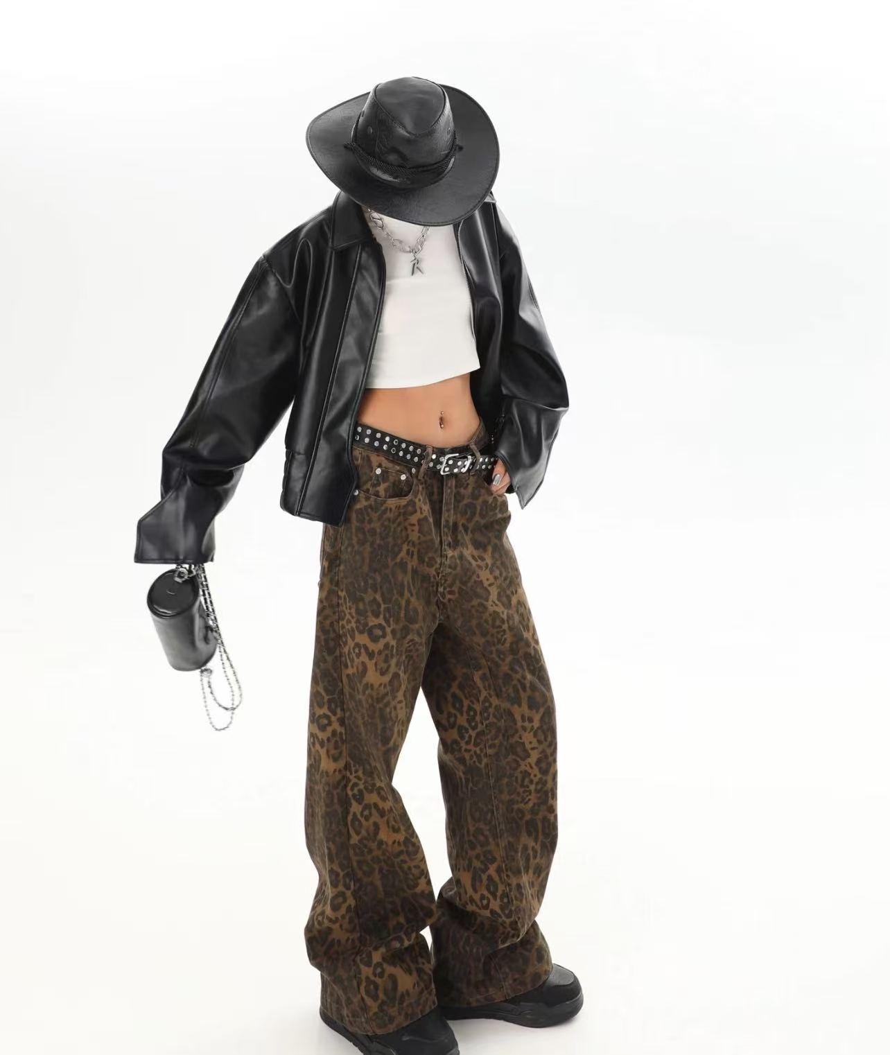 Street Fashion Jeans Women - Pantalones anchos con estampado de leopardo